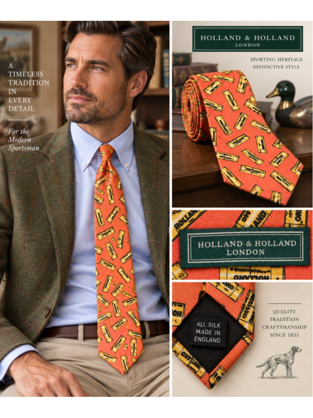 Holland & Holland London Novelty Shotgun Shell Silk Tie Coral Orange Hunting